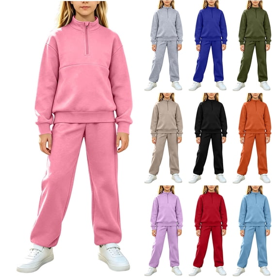 LWFFDAW Girls 2 Piece Set Fall Long Sleeve Quarter Zip Mock Neck Sweatshirt and Wide Leg Pants Loose Comfy Sweatsuit Sets