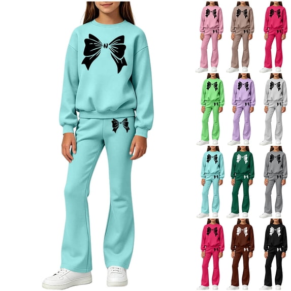 LWFFDAW Girls Sweatsuit 2 Piece Sets for 3-14 Years Fall Long Sleeve Graphic Crew Neck Sweatshirt and Flare Pants Loose Comfy Casual Sets