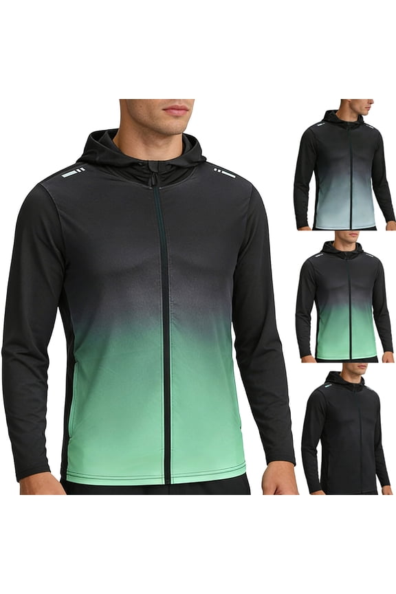 Gradient Hooded Jacket Men Long Sleeve Full Zip Athletic Jacket Breathable Quick Dry Loose Gyn Cycling Jackets
