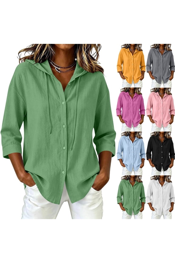 Linen Sun Hoodie Shirts for Women Long Sleeve UPF 50+ Sun Protection Button Down Shirt Lightweight Travel Hiking Yoga Tops