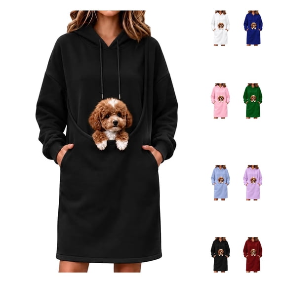 LWFFDAW Long Pet Pouch Hoodie Dress for Women with Dog Carrier Pockets Oversized Hoodie Fall Winter Loose Casual Hooded Sweatshirt Dress