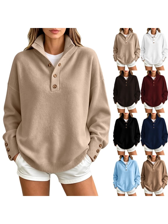 Long Sleeve Button Up Sweater for Women Mock Neck Henley Knit Sweaters Fall Loose Soft Pullover Sweater Top