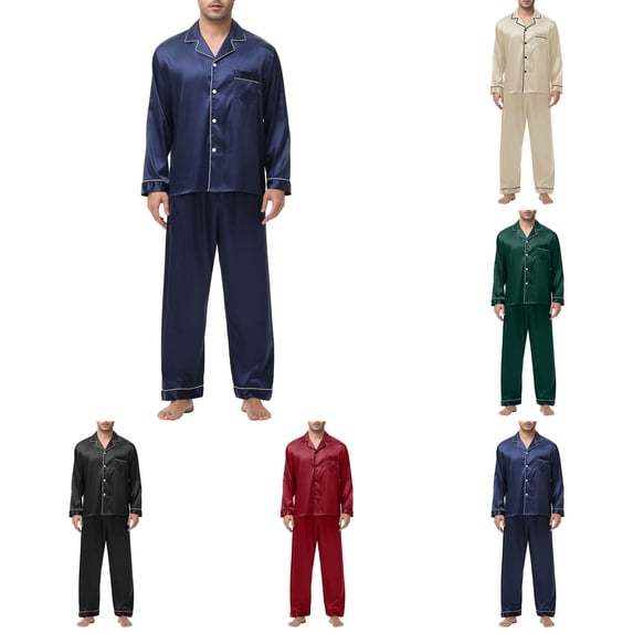 LWFFDAW Men Satin Pajamas Set Long Sleeve Collar Button Down Sleepwear Pajamas Loose Comfy Loungewear Soft Pjs Set