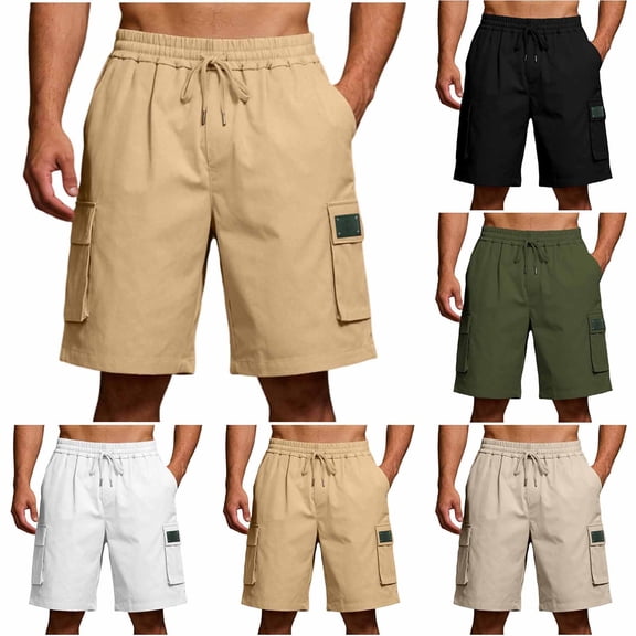 LWFFDAW Mens Cargo Shorts with Zipper Pockets Casual Drawstring Elastic Waist Work Shorts Utility Athletic Shorts Summer Loose Fit Beach Shorts