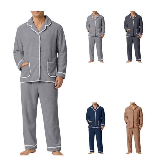 LWFFDAW Mens Fleece Pajamas Set Flannel Long Sleeve Collar Button Up Sleepwear and Elastic Waist Bottoms Winter Thick Warm Homewear Pjs Sets for Men