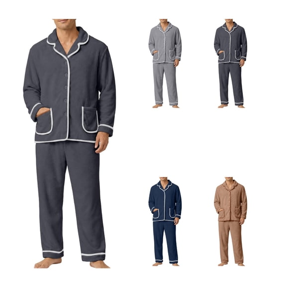 LWFFDAW Mens Fleece Pajamas Set Flannel Long Sleeve Collar Button Up Sleepwear and Elastic Waist Bottoms Winter Thick Warm Homewear Pjs Sets for Men