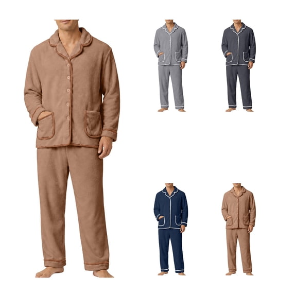 LWFFDAW Mens Fleece Pajamas Set Flannel Long Sleeve Collar Button Up Sleepwear and Elastic Waist Bottoms Winter Thick Warm Homewear Pjs Sets for Men