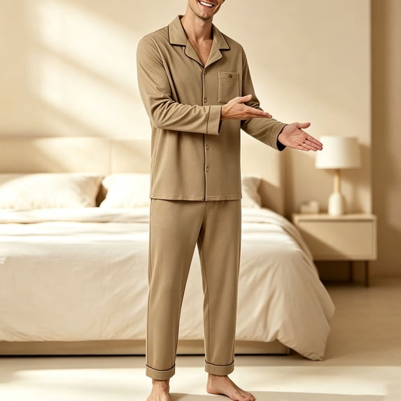 LWFFDAW Mens Pajamas Set Lightweight Long Sleeve Button Down Sleepwear Collar Pajamas Loose Comfy Loungewear Soft Pjs Set