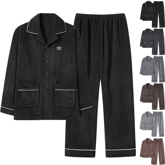 LWFFDAW Pajamas Sets for Men Fall Long Sleeve Collar Button Down Sleepwear Shirt and Elastic Waist Pajamas Pant Loose Comfy Loungewear Soft Pjs Set