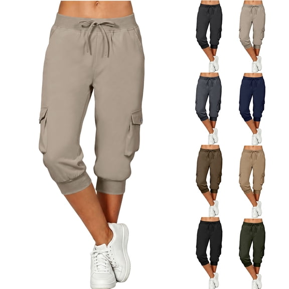 LWFFDAW Parachute Capri Pants for Women Elastic Waist Drawstring Loose Cropped Cargo Joggers Lightweight Quick Dry Athletics Capris with Pockets