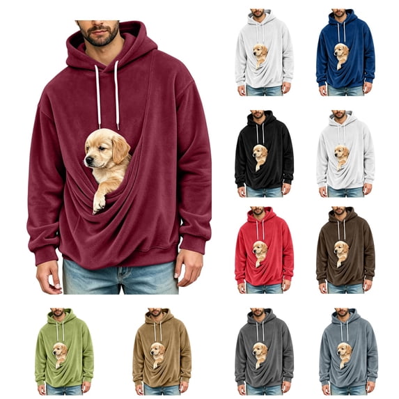 LWFFDAW Pet Carrier Hoodie Men Long Sleeve Dog Pouch Fuzzy Fleece Hoodies Winter Warm Loose Comfy Casual Hooded Sweatshirt with Pocket