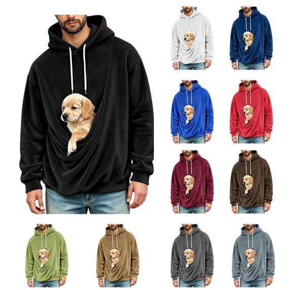 LWFFDAW Pet Carrier Hoodie Men Long Sleeve Dog Pouch Fuzzy Fleece Hoodies Winter Warm Loose Comfy Casual Hooded Sweatshirt with Pocket