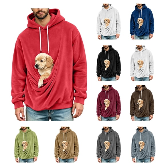 LWFFDAW Pet Carrier Hoodie Men Long Sleeve Dog Pouch Fuzzy Fleece Hoodies Winter Warm Loose Comfy Casual Hooded Sweatshirt with Pocket