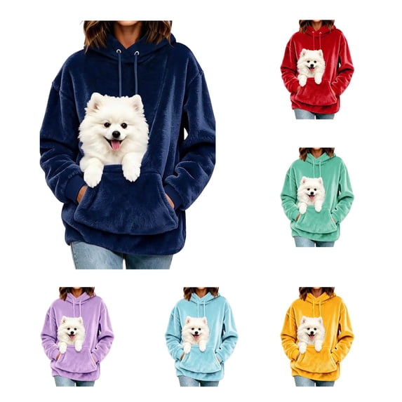 LWFFDAW Pet Pouch Hoodie for Women Long Sleeve Dog Carrier Fuzzy Fleece Hoodies Winter Loose Oversized Hoodie with Kangaroo Pocket