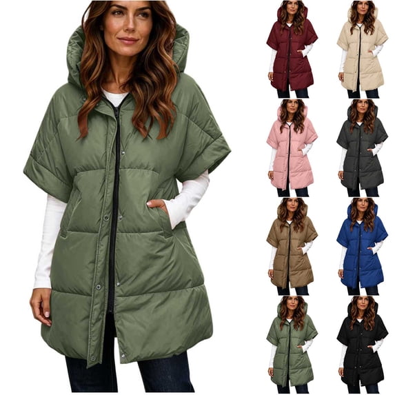 LWFFDAW Puffer Vest Women Hooded Full Zip Short Sleeve Vests Lightweight Loose Outerwear Quilted Vest with Zipper Pockets