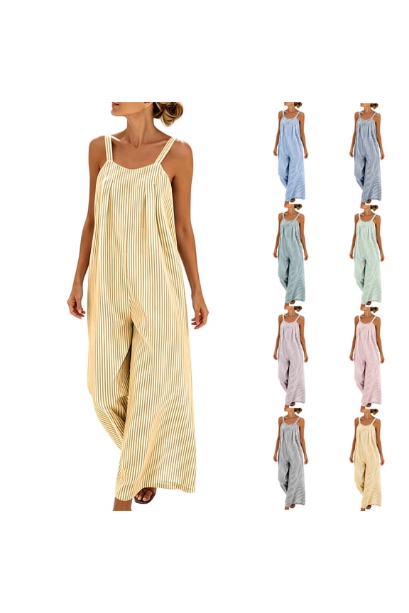 Striped Jumpsuit for Women Crew Neck Wide Leg Casual Rompers Summer Breathable Loose Beach Vacation Overalls