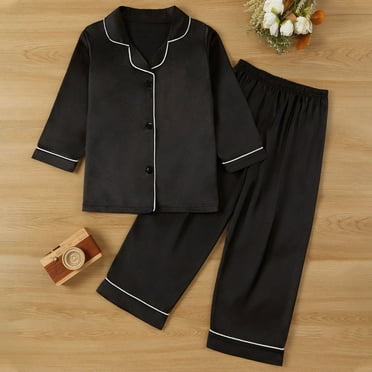 LWFFDAW Toddler Girls Kids Pajama Sets Long-Sleeve Button Down Shirts and Wide Leg Pants Pjs Sets Solid Color Lightweight Sleepwear Jammies for 2 Years Black