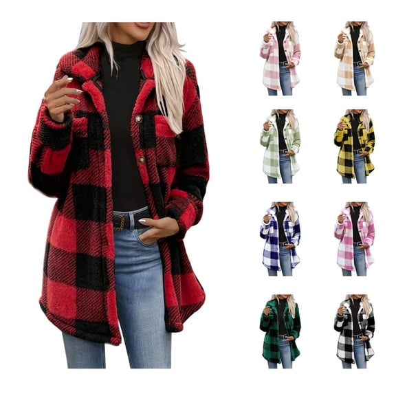 LWFFDAW Women Plaid Sherpa Fleece Jacket Long Sleeve Collar Button Down Fuzzy Jacket Winter Warm Loose Casual Outerwear with Pockets