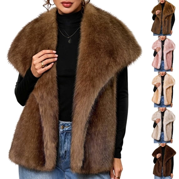 LWFFDAW Women's Faux Fur Vest Wide Collar Sleeveless Plush Jacket Fall Winter Warm Loose Outerwear with Pockets