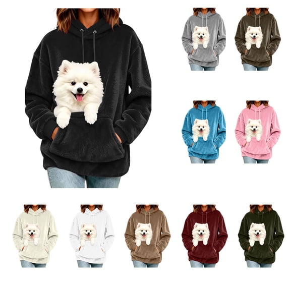LWFFDAW Women's Pet Pouch Hoodie Long Sleeve Dog Carrier Fuzzy Fleece Hoodies Winter Loose Oversized Hoodie for Small Dogs Cats with Kangaroo Pocket