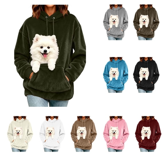 LWFFDAW Women's Pet Pouch Hoodie Long Sleeve Dog Carrier Fuzzy Fleece Hoodies Winter Loose Oversized Hoodie for Small Dogs Cats with Kangaroo Pocket