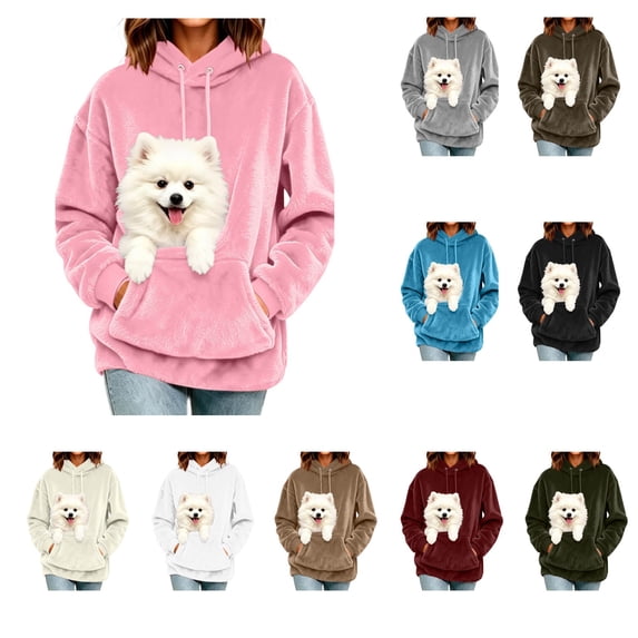 LWFFDAW Women's Pet Pouch Hoodie Long Sleeve Dog Carrier Fuzzy Fleece Hoodies Winter Loose Oversized Hoodie for Small Dogs Cats with Kangaroo Pocket