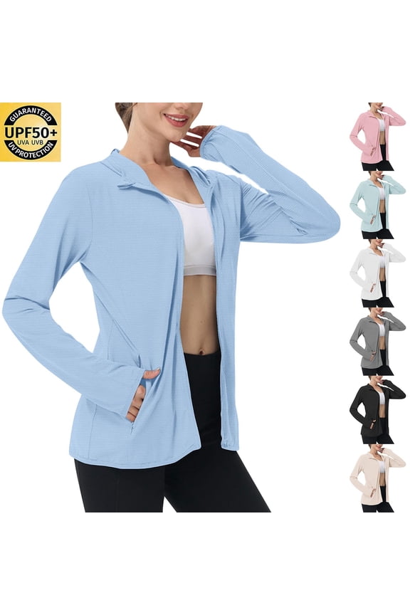 Women's Sun Jackets Hood Long Sleeve Full Zip UPF 50+ Sun Protection Jackets Lightweight Hiking Cycling Athletic Jacket with Pockets