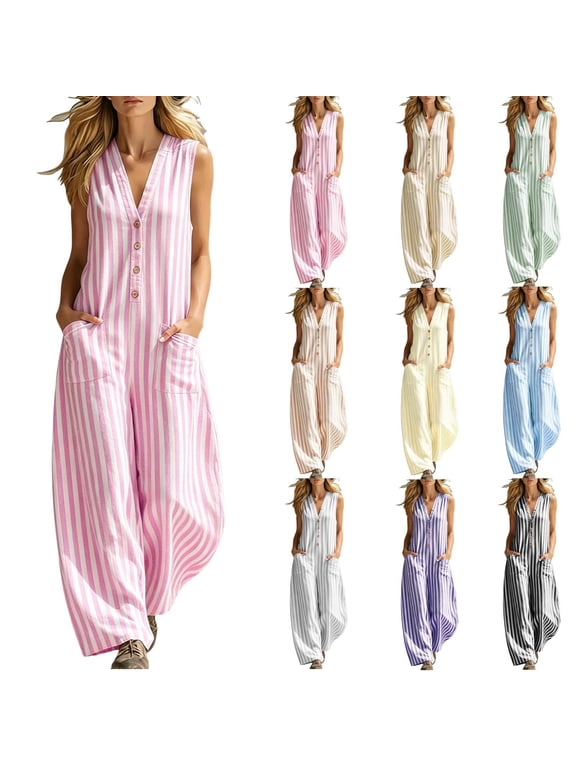 Womens Striped Wide Leg Jumpsuit Sleeveless V Neck Button Down Rompers Summer Lightweight Comfy Baggy Casual Overalls with Pockets
