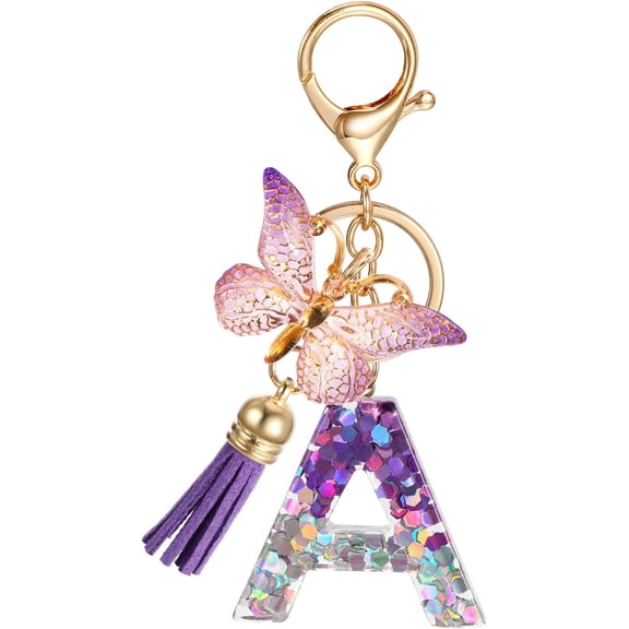 LWHAO Initial Letter Keychain, Purple Sequins Resin Alphabet Letter Keyrings for Women Girls, Butterfly Tassel Pendant Key Chain Bag Charm
