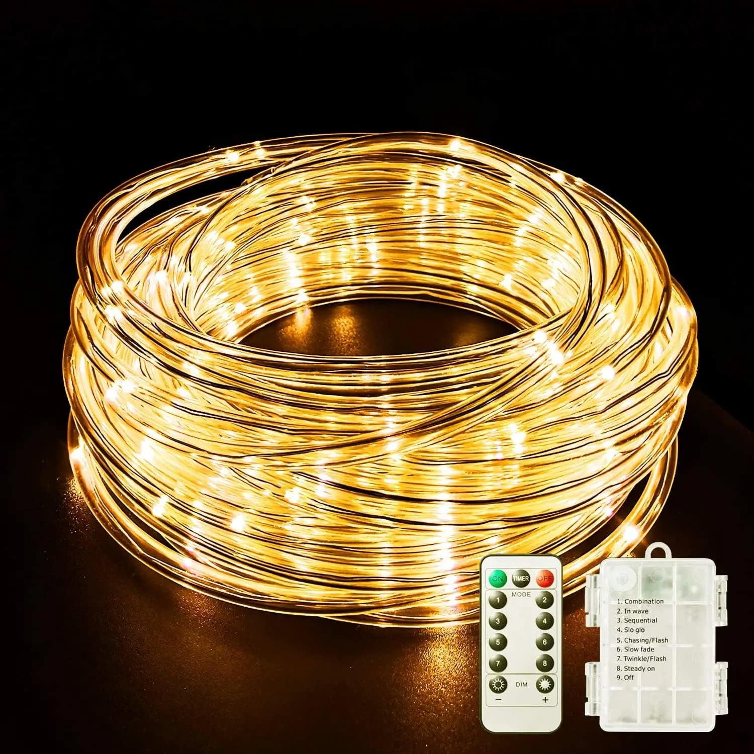 LWHAO LED Battery Operated Rope Lights, Waterproof 20M 8Modes Copper Wire Strip Tube Hanging ...