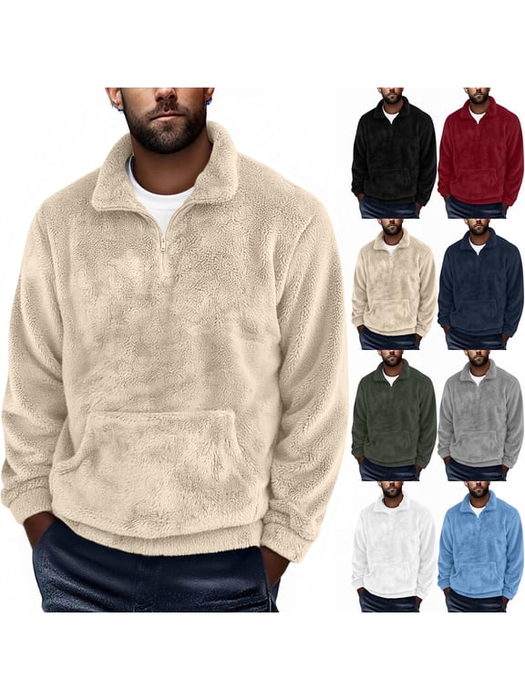 1/4 Zip Pullover Mens Fuzzy Sherpa Fleece Sweatshirt Lightweight Long Sleeve Tops Fall Winter Warm Outerwear with Kangaroo Pocket