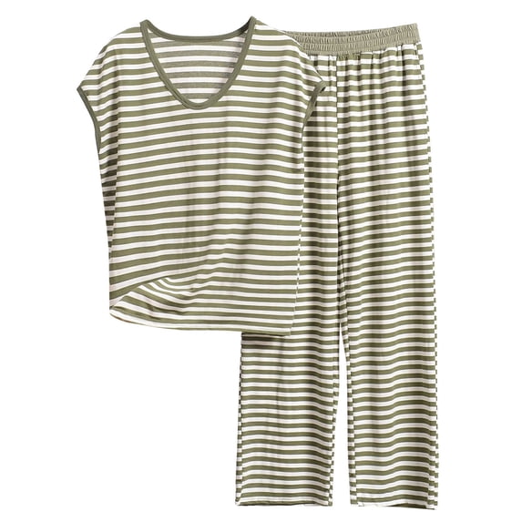 snilers 2 Piece Pajama Set for Women Plus Size Matching Sets Casual Loose Striped V Neck T Shirts and Pj Pants Two Piece Set Lounge Set
