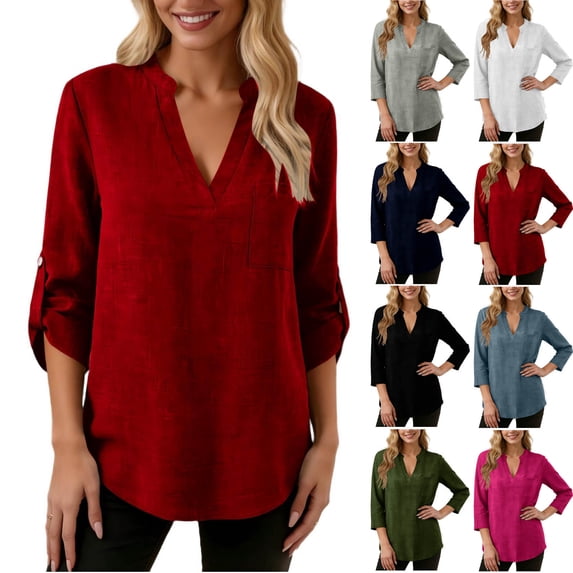 LWITHSZG 3/4 Length Sleeve Womens Tops Trendy V Neck Work Blouses Comfy Loose Basic Tees Spring Summer Pocket Tee Shirts
