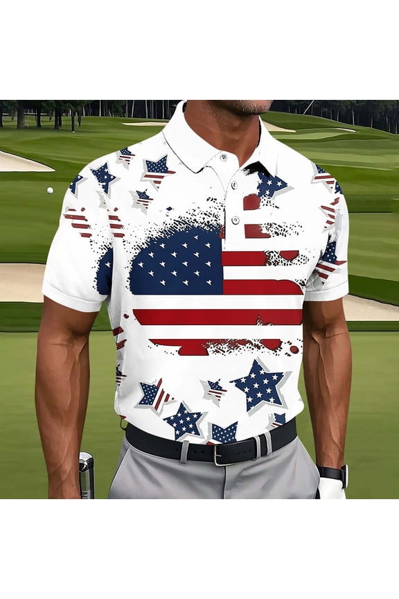 4th of July Golf Shirts for Men Big and Tall American Flag ​Graphic Tees Going Out Collared Short Sleeve Patriotic Tops