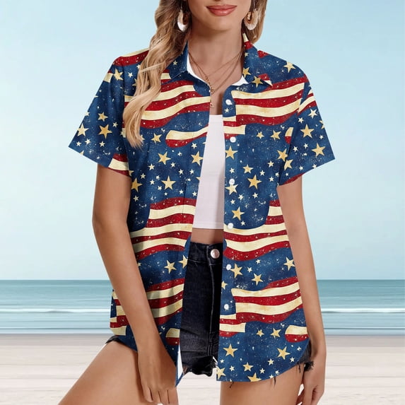 LWITHSZG 4th of July Short Sleeve Button Down Patriotic Shirts for Women Dressy Casual Lapel Collar Plus Size Graphic Tees