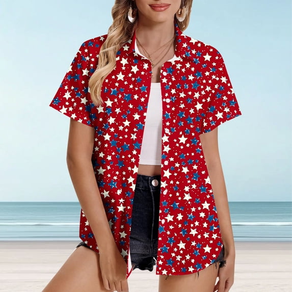 LWITHSZG 4th of July Short Sleeve Button Down Patriotic Shirts for Women Dressy Casual Lapel Collar Plus Size Graphic Tees