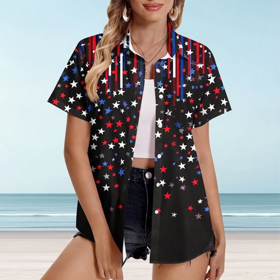 LWITHSZG 4th of July Short Sleeve Button Down Patriotic Shirts for Women Dressy Casual Lapel Collar Plus Size Graphic Tees