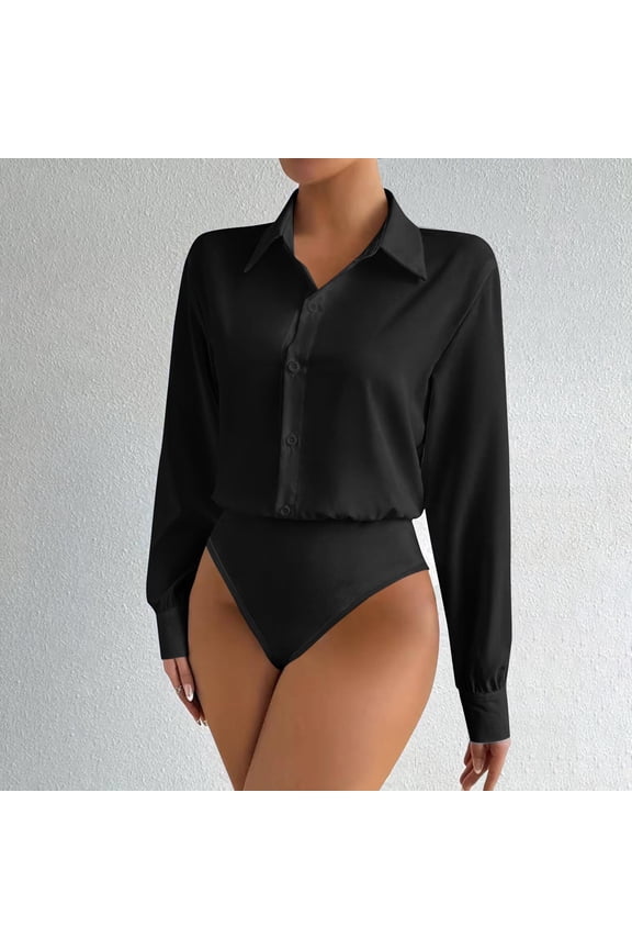 Bodysuits for Women Dressy Solid Long Sleeve Button Down Shirts One-Piece Blouses Office Work Business Casual Tops S-XXL