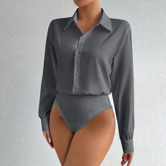 LWITHSZG Bodysuits for Women Dressy Solid Long Sleeve Button Down Shirts One-Piece Blouses Office Work Business Casual Tops S-XXL