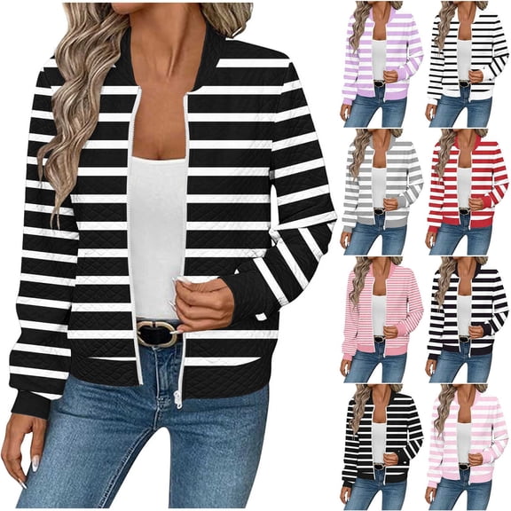 LWITHSZG Bomber Jacket Women Trendy Striped Waffle Full Zip up Coat Long Sleeve Going Out Tops Fall Winter Casual Outerwear with Pockets Size M