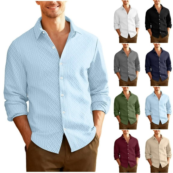 LWITHSZG Button Down Shirt Men Trendy Jacquard Collared Long Sleeve Going Out Tops Fall Winter Lightweight Blouses Dressy Casual Dress Shirts Size M