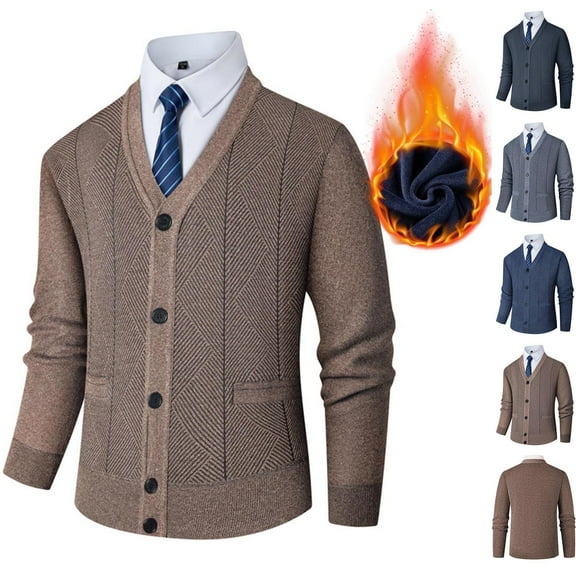 LWITHSZG Cardigan Sweaters for Men Dressy Casual V Neck Long Sleeve Button Down Lightweight Jackets Casual Outerwear Thickened Warm Fleece Lined Winter Coats