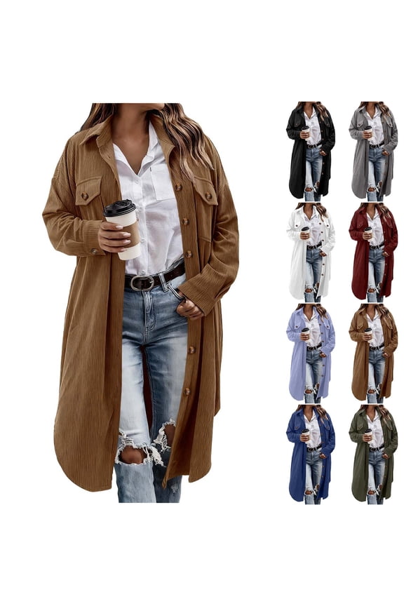 Corduroy Jacket Women Vintage Fashion Long Trench Coat Fall Winter Lightweight Long Sleeve Button Down Shacket with Pockets Size XXL
