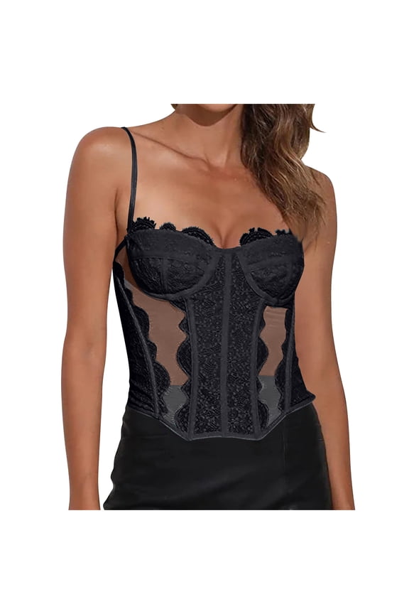 Corset Tops for Women Lace Trim Low Cut Overbust Bustier Sleeveless Spaghetti Strap Crop Top Medieval Renaissance Vest