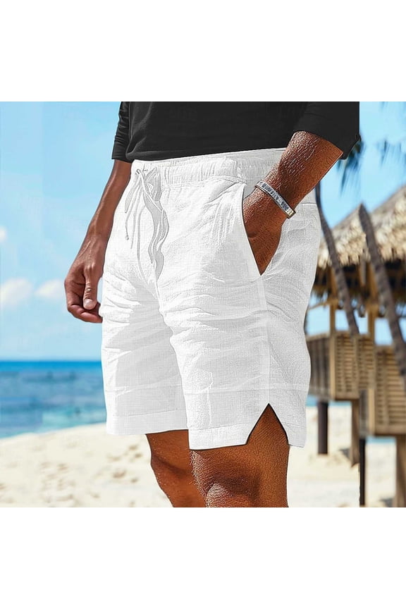 Cotton Linen Shorts for Men Summer Side Split Casual Pants Drawstring Elastic Waist Trousers with Pockets Vacation Outfits S-XXL