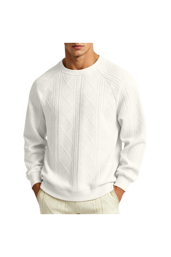 Crewneck Sweatshirts for Men Trendy Cable Diamond Textured Pullover Sweatshirt Fall Winter Big and Tall Long Sleeve Going Out Tops
