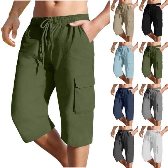 LWITHSZG Cropped Cargo Pants for Men Drawstring Elastic Waist Linen Capris Casual Loose Fit Work Trousers with Pockets S-XXL