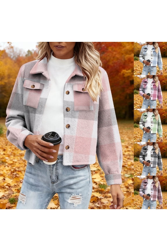 Cropped Jacket Women Fall Winter Fashion Button Down Plaid Shacket Lightweight Casual Outerwear Long Sleeve Going Out Tops with Pockets Size XL