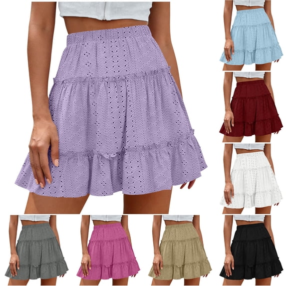 LWITHSZG Eyelet Hollow Out Skirts for Women A Line Flared Ruffle Short Skirt Summer Breathable Flowy Skorts with Liner S-XXL
