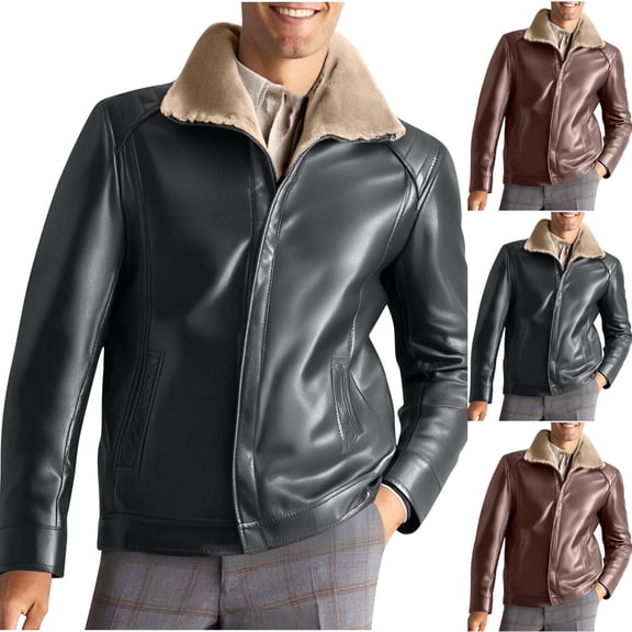 LWITHSZG Faux Leather Jacket Men Motorcycle Trendy Winter Coats Long Sleeve Going Out Tops Thickened Warm Fleece Lined Casual Outerwear with Pockets